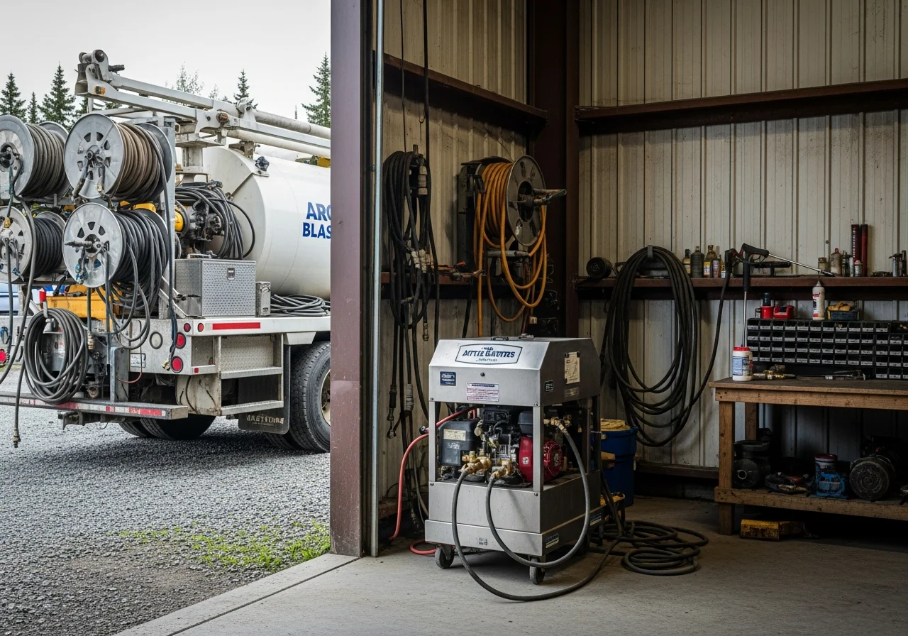 Professional pressure washing equipment and mobile sandblasting truck ready for service calls in Fairbanks.
