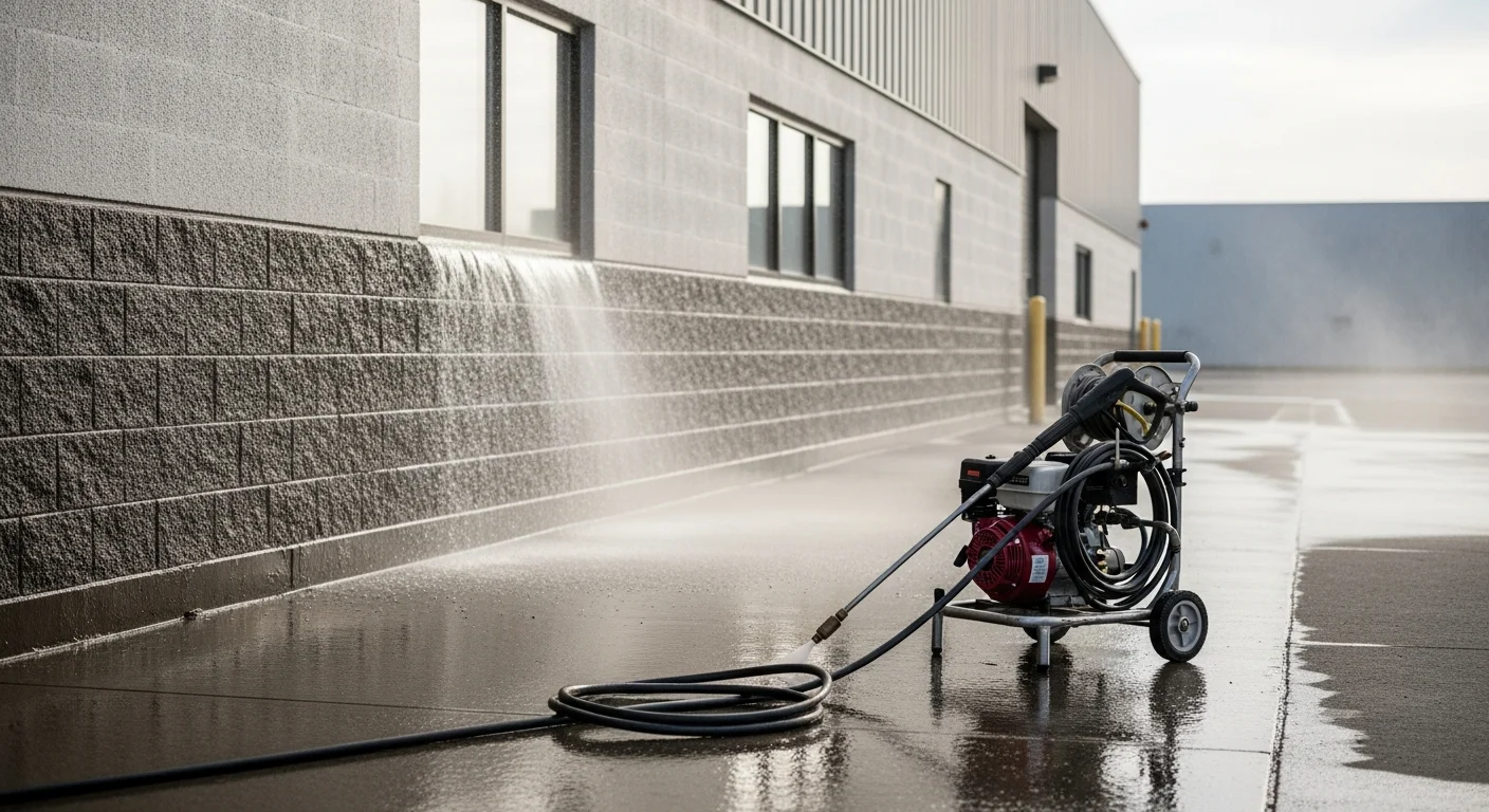 Professional pressure washing equipment cleaning a commercial building exterior