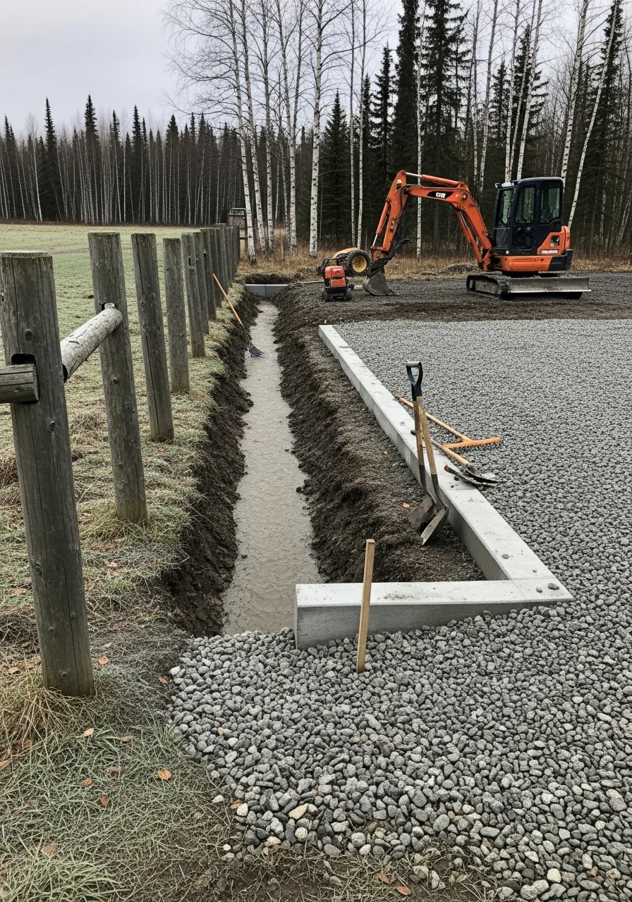 Detail of rural site work, drainage system, or property improvement in Ester setting.
