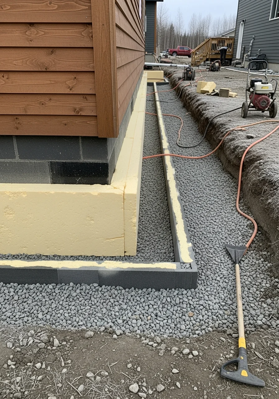 Close-up of properly sealed foundation and drainage system designed for permafrost conditions.