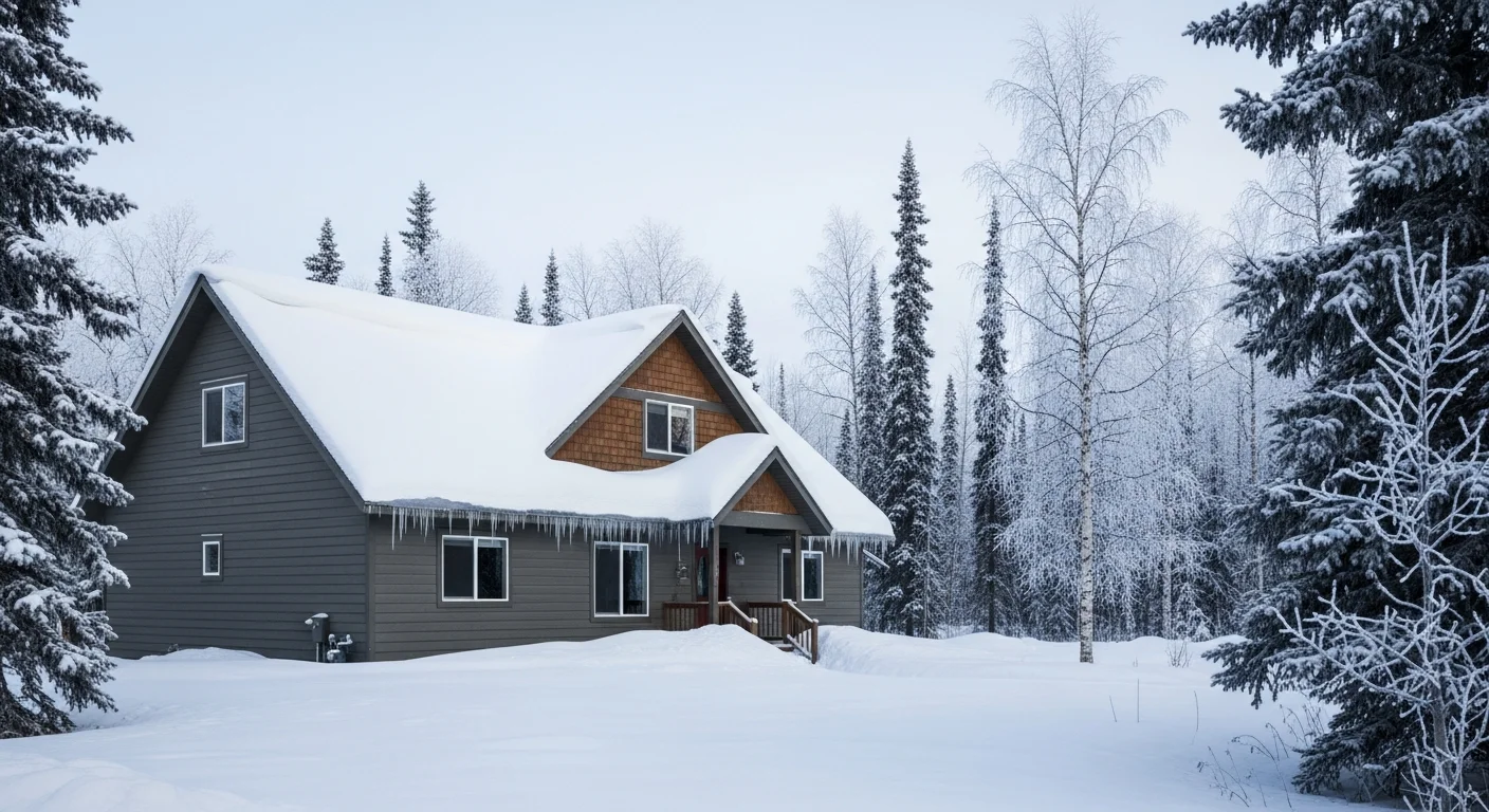 Residential home in Fairbanks with snow-covered roof and clear winter sky, surrounded by spruce trees.