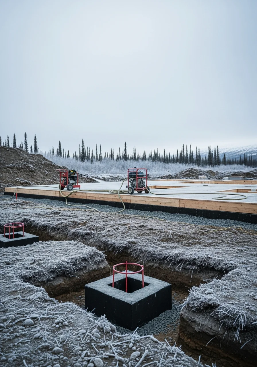 Detailed view of foundation work and ground preparation for a North Pole construction project.