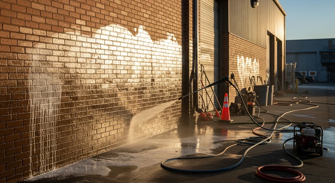 A commercial building exterior in Fairbanks, Alaska shown after professional graffiti removal, with a clean concrete block wall free of spray paint markings. Arctic Blasters LLC technician equipment visible near the base of the building.