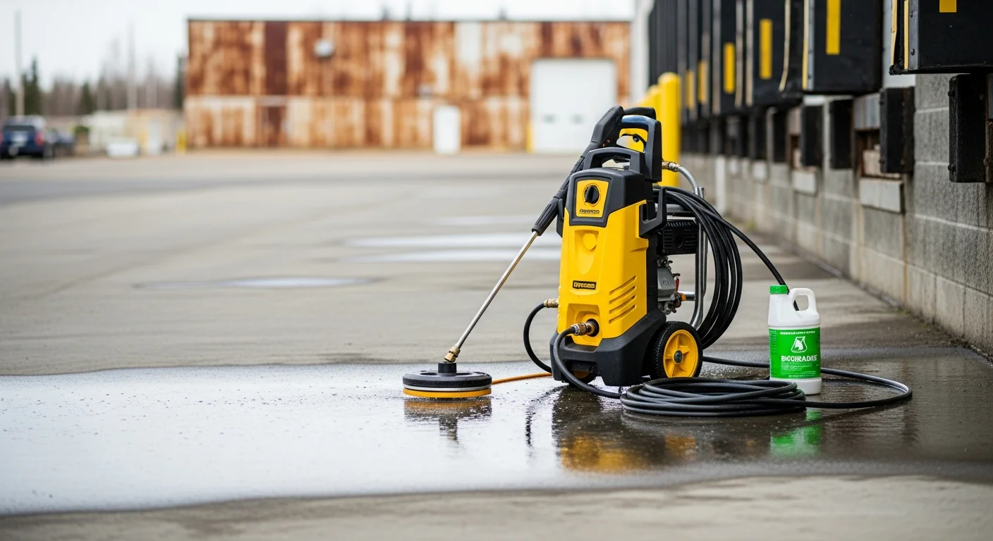 A commercial storefront in Fairbanks, Alaska with a freshly pressure-washed concrete sidewalk and clean building facade, free of road grit and oil staining. Arctic Blasters LLC equipment visible on-site during the cleaning process.