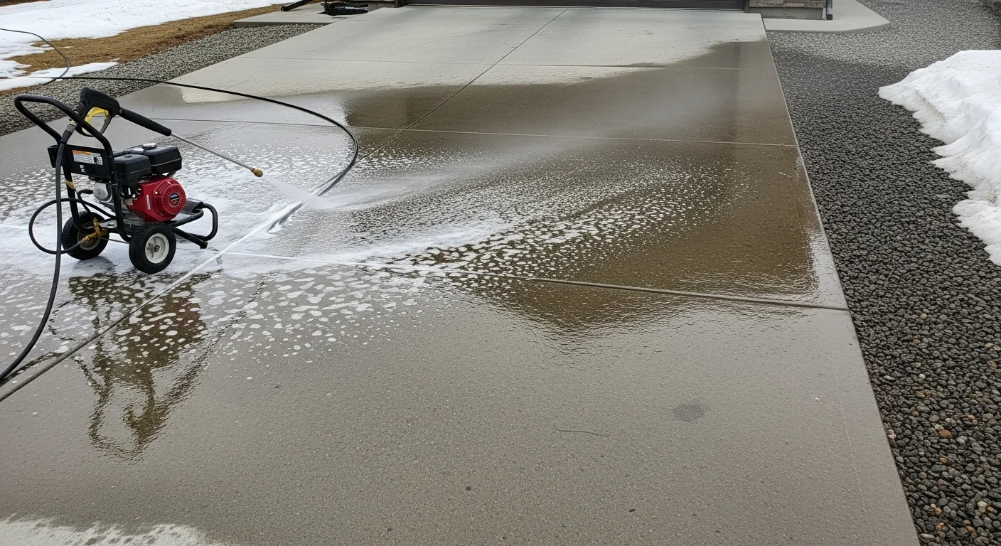 A residential concrete driveway in Fairbanks, Alaska shown after pressure washing, with clean gray surface free of sand residue, oil stains, and winter grime. A pressure washing wand and hose are visible at the edge of the driveway.