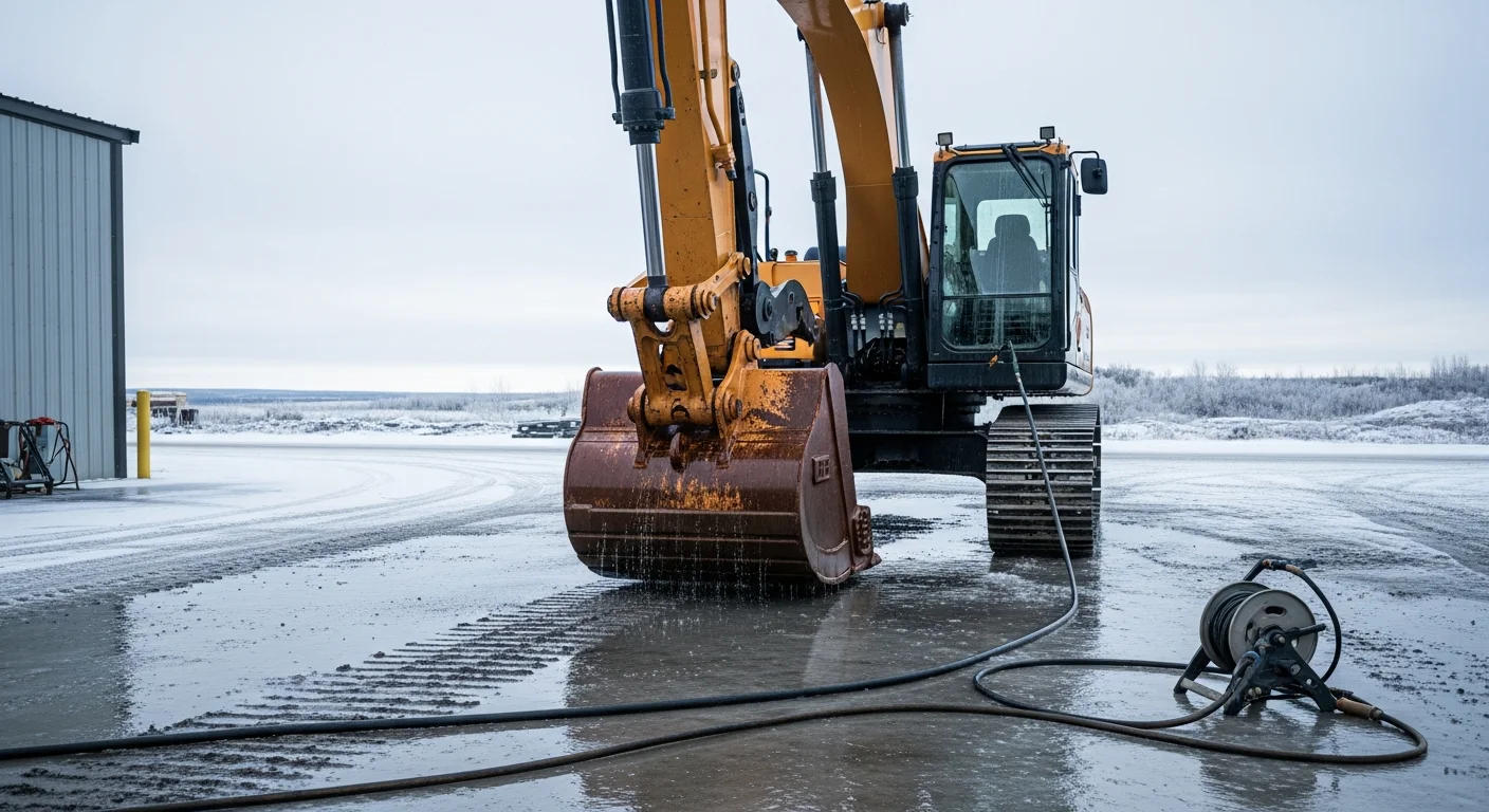 A pressure washer removing thick mud and grease from the undercarriage of a heavy construction excavator at a Fairbanks, Alaska job site. The cleaned metal frame contrasts sharply against the packed glacial silt and debris being washed away.