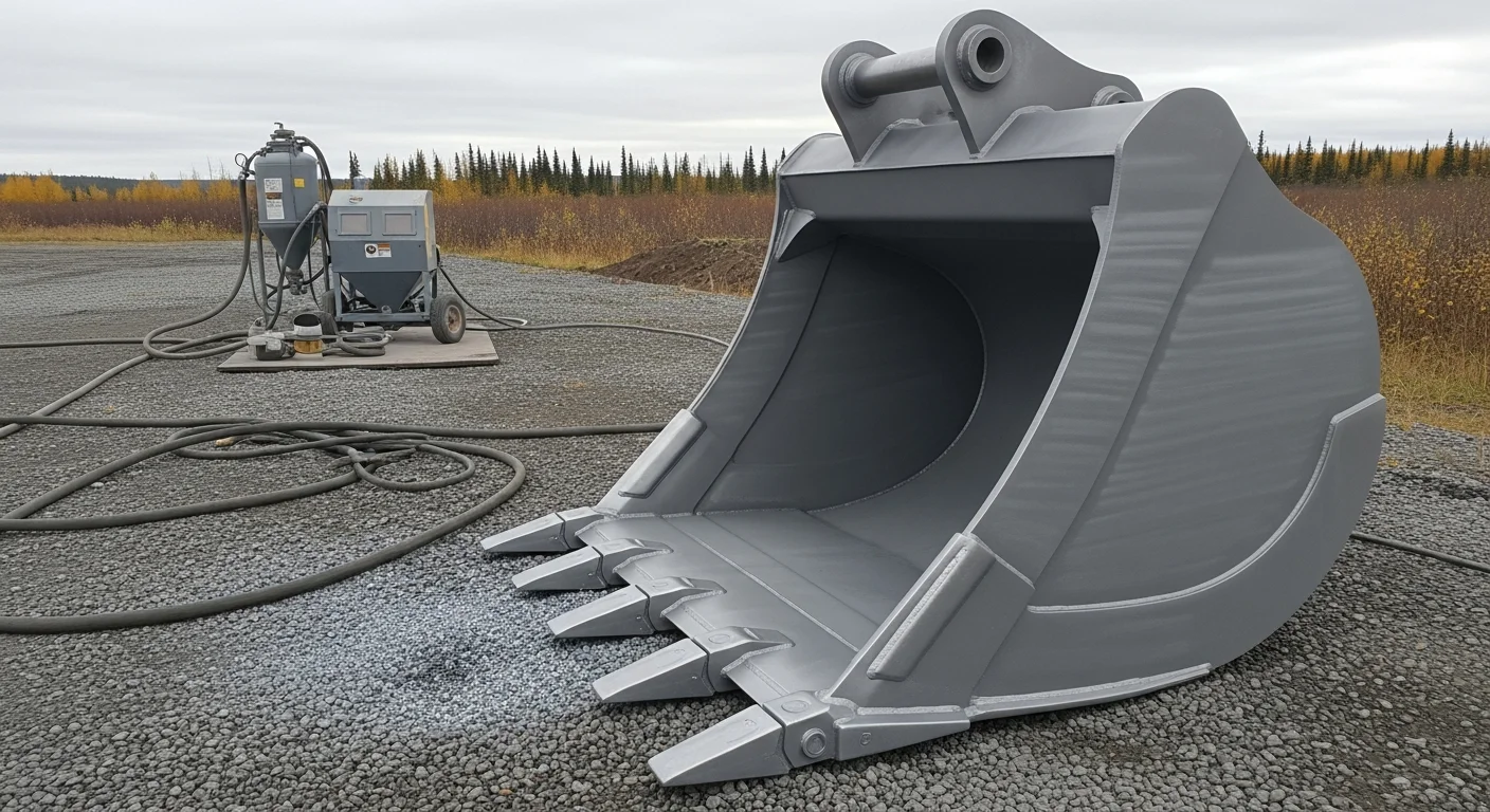 A heavy equipment frame with rust and old paint fully stripped to bare metal after sandblasting by Arctic Blasters LLC in Fairbanks, Alaska. The cleaned metal surface shows a uniform profile ready for protective coating application.