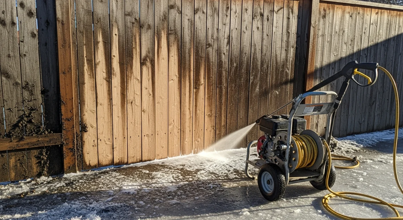 A residential wood fence in Fairbanks, Alaska shown after professional cleaning, with dark algae staining and grime removed from the surface panels. The cleaned fence boards show restored natural wood color against a backdrop of Interior Alaska spruce trees.