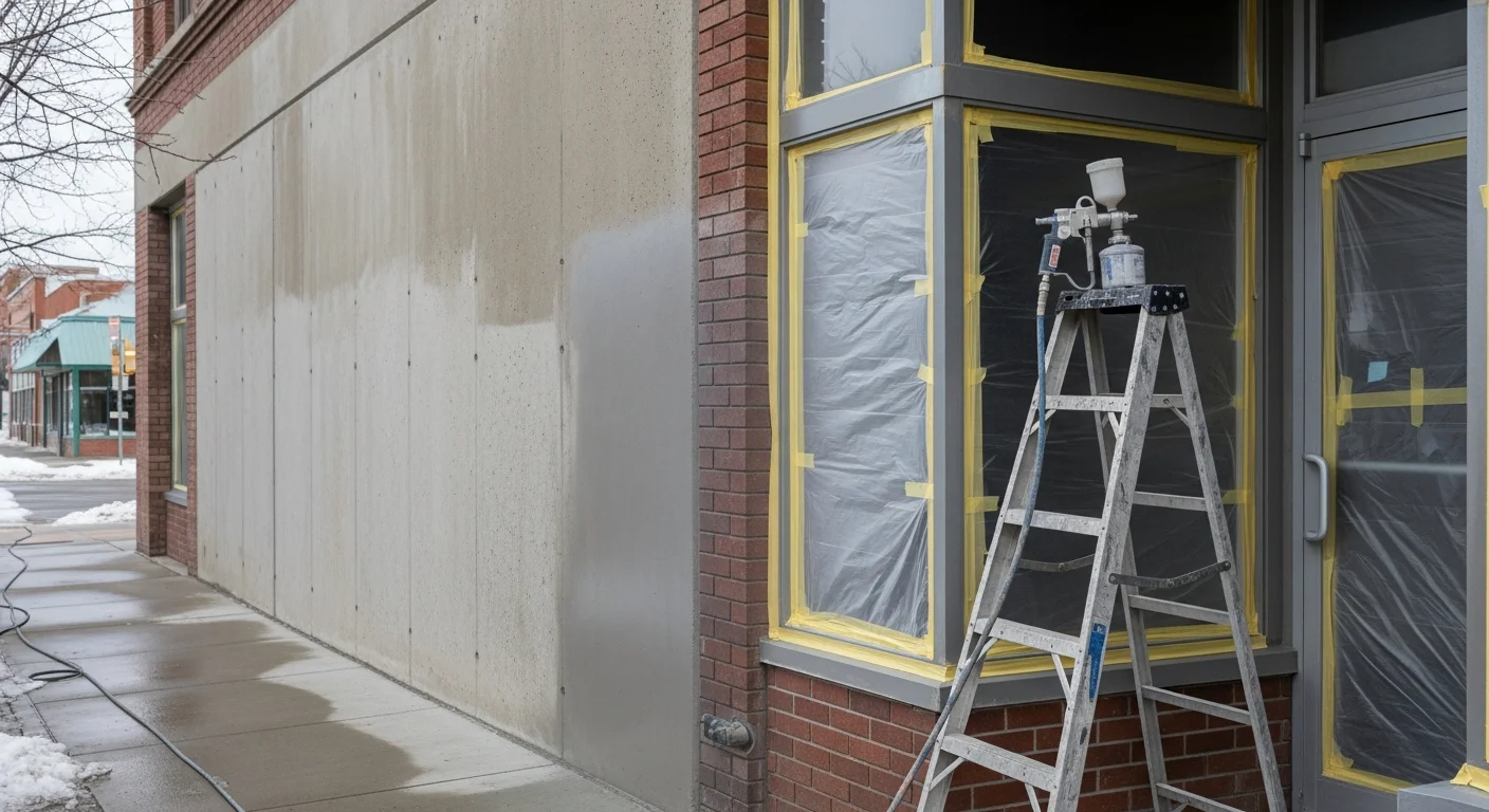 A technician from Arctic Blasters LLC applying a clear graffiti prevention coating to a concrete exterior wall on a commercial building in Fairbanks, Alaska. The treated surface shows a clean, uniform finish with no visible spray paint or marker damage.