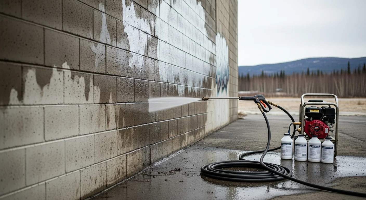 A Fairbanks commercial building exterior showing a clean, tag-free concrete block wall after professional graffiti removal service. The surface is uniform in color with no visible spray paint residue or ghost marks.