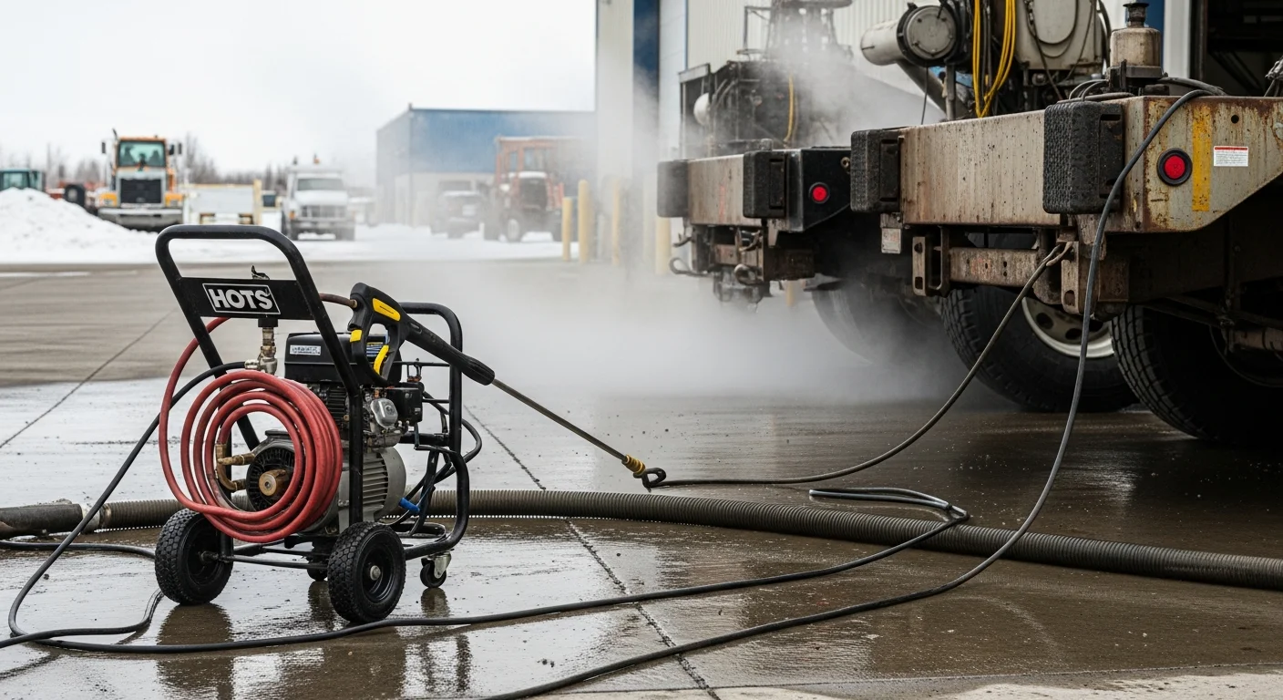 A Fairbanks, Alaska industrial facility worker directing a hot water pressure washer at a heavy equipment undercarriage coated in grease and diesel grime. The cleaned section of the equipment shows bare metal contrasting against the surrounding buildup.