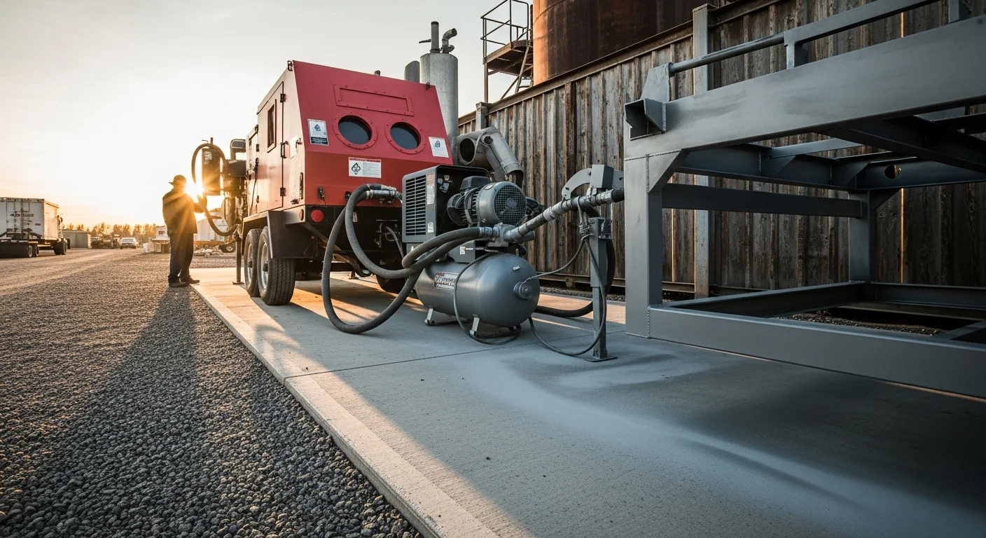 A mobile sandblasting unit stripping rust and old paint from a heavy equipment frame at a Fairbanks, Alaska job site. The bare metal surface is clean and ready for protective coating after blasting.