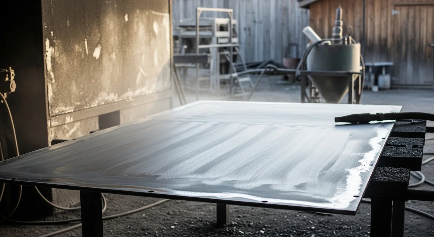 A metal equipment frame in Fairbanks, Alaska with old paint fully stripped to bare metal by sandblasting, showing a clean, rust-free surface ready for recoating. Snow-dusted ground is visible in the background, reflecting the Interior Alaska work environment.