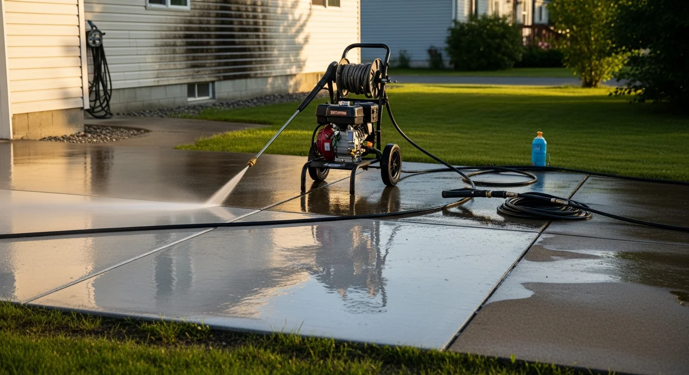 A Fairbanks, Alaska home's siding and concrete driveway being pressure washed by Arctic Blasters LLC, showing clean streaks against a surface covered in winter grime and mildew. The surrounding landscape reflects a typical Interior Alaska residential property in the warmer months.