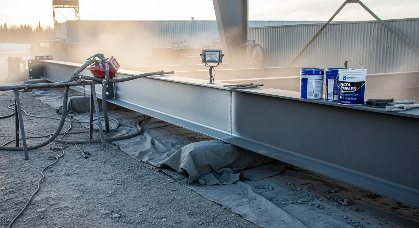 A metal equipment frame in Fairbanks, Alaska shown after sandblast rust removal, with bare clean metal exposed and no visible corrosion remaining. The surface shows a uniform matte texture ready for protective coating application.