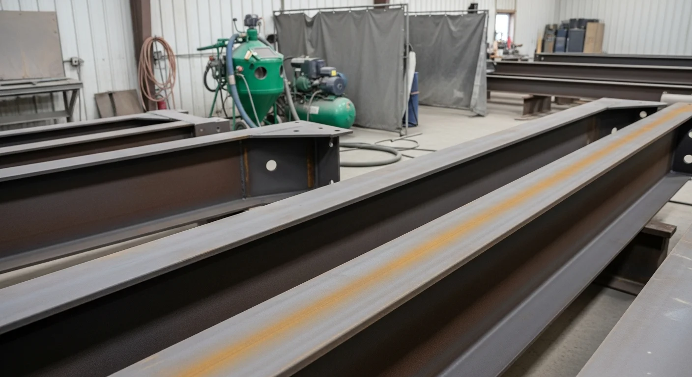 A piece of heavy equipment with rust and old coating fully stripped to bare metal after sandblasting by Arctic Blasters LLC in Fairbanks, Alaska. The prepared surface shows a clean, uniform profile ready for protective coating application.