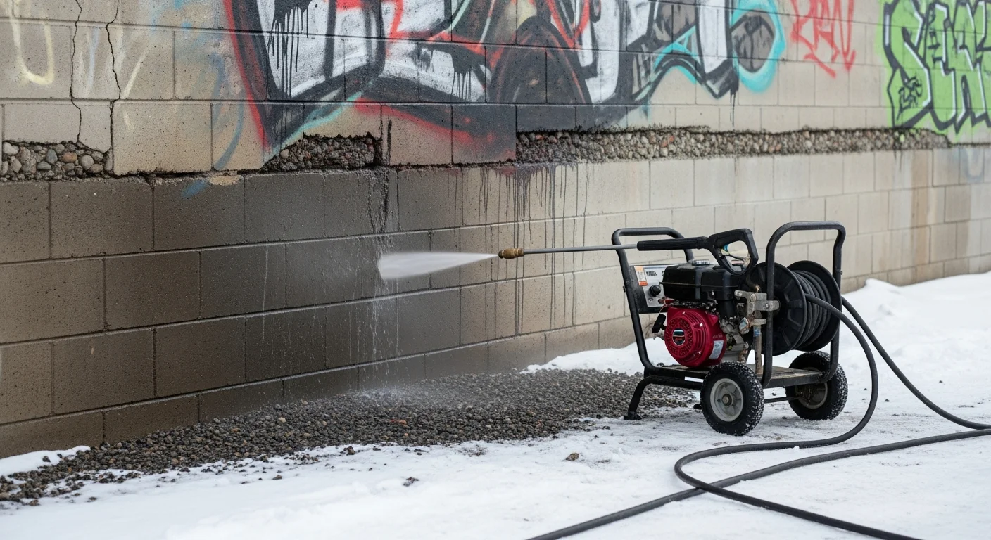 A cleaned exterior concrete block wall on a commercial building in Fairbanks, Alaska, showing the surface after graffiti removal with no remaining spray paint or staining. A light dusting of snow is visible at the base of the wall, reflecting the interior Alaska setting.